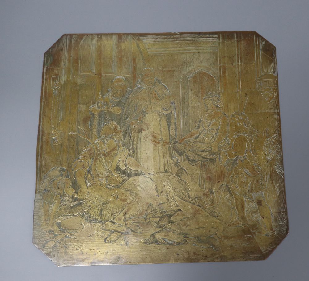 A 19th century engraved copper printing plate, probably later gilded, depicting figures around a stag